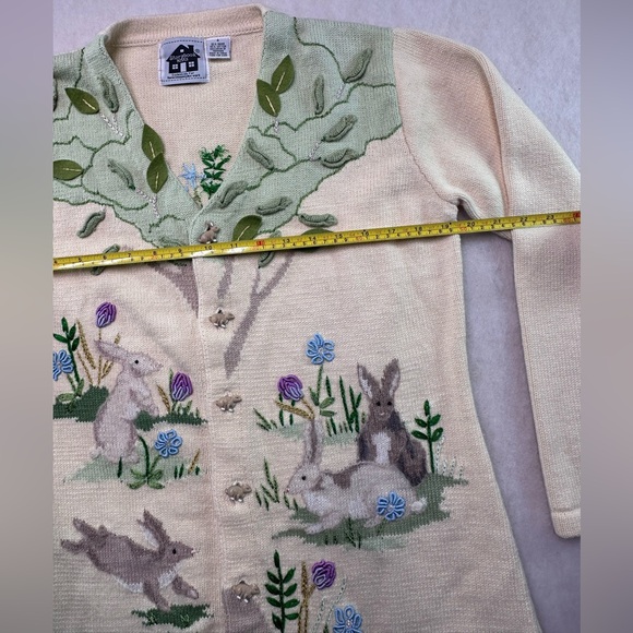 Storybook Knits Cream Cardigan with Green Leaf Appliqué Story Book Knits S - Picture 7 of 14